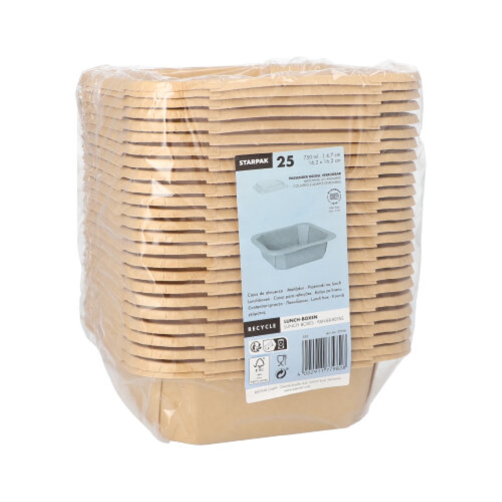 25 Lunchboxen, Pappe eckig 750 ml 4,7 cm x 16,2 cm x 16,2 cm braun