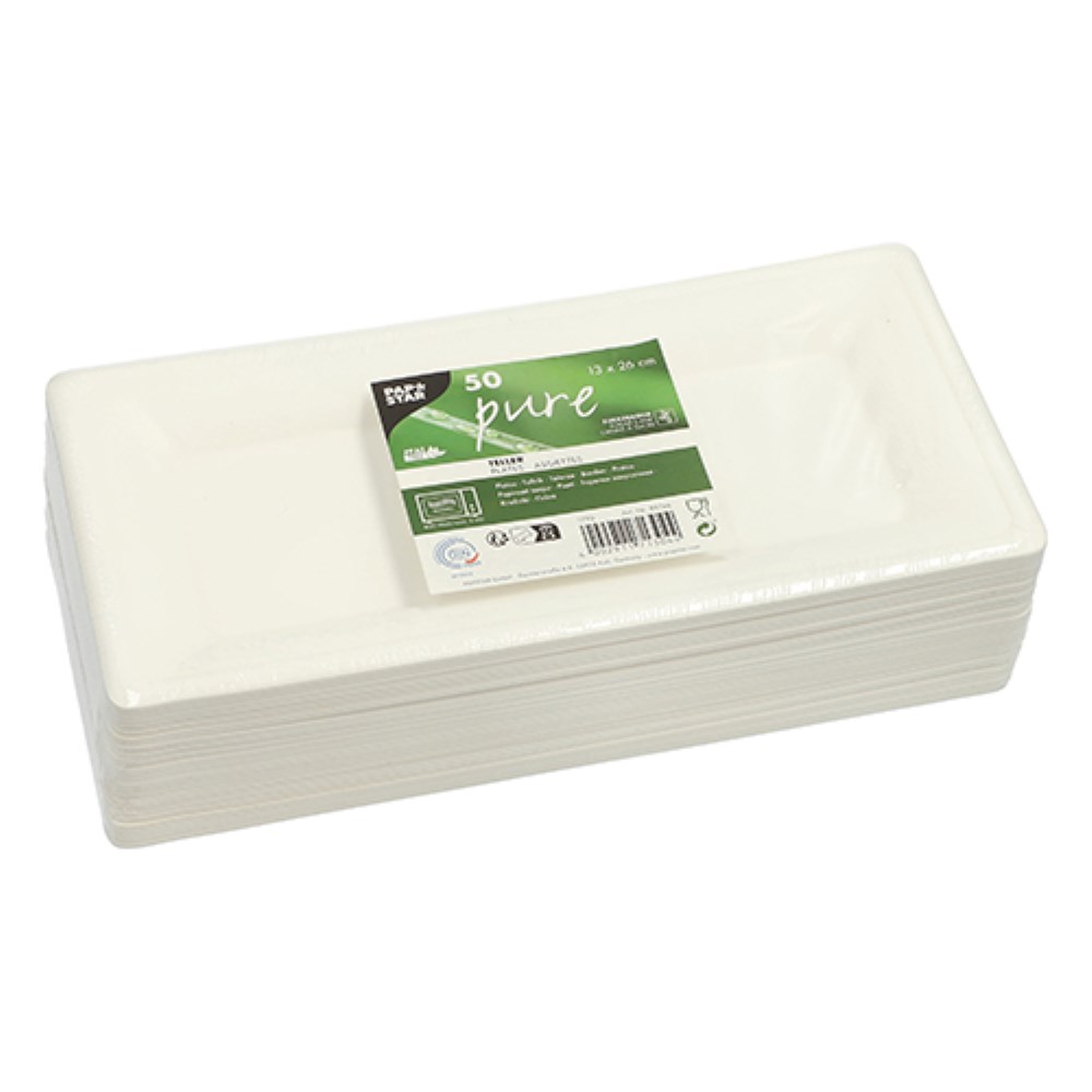 50 Teller, Zuckerrohr "pure" eckig 13 cm x 26 cm weiss