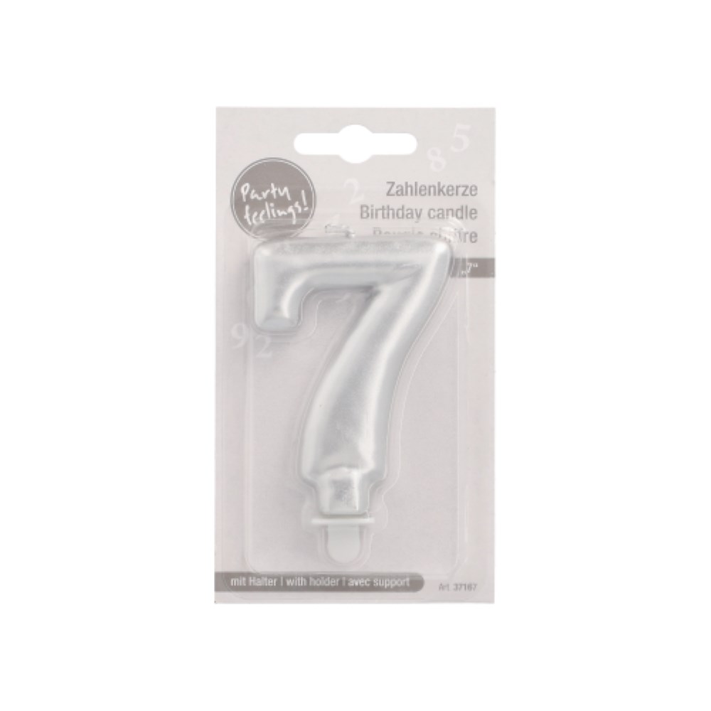 Zahlenkerze mit Halter 7 cm silber "7"