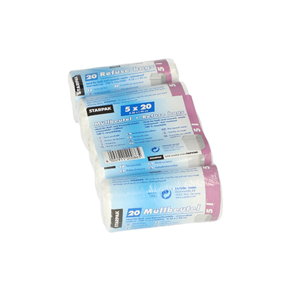 100 Müllbeutel, LDPE 5 l 44 cm x 36 cm weiss 16 my