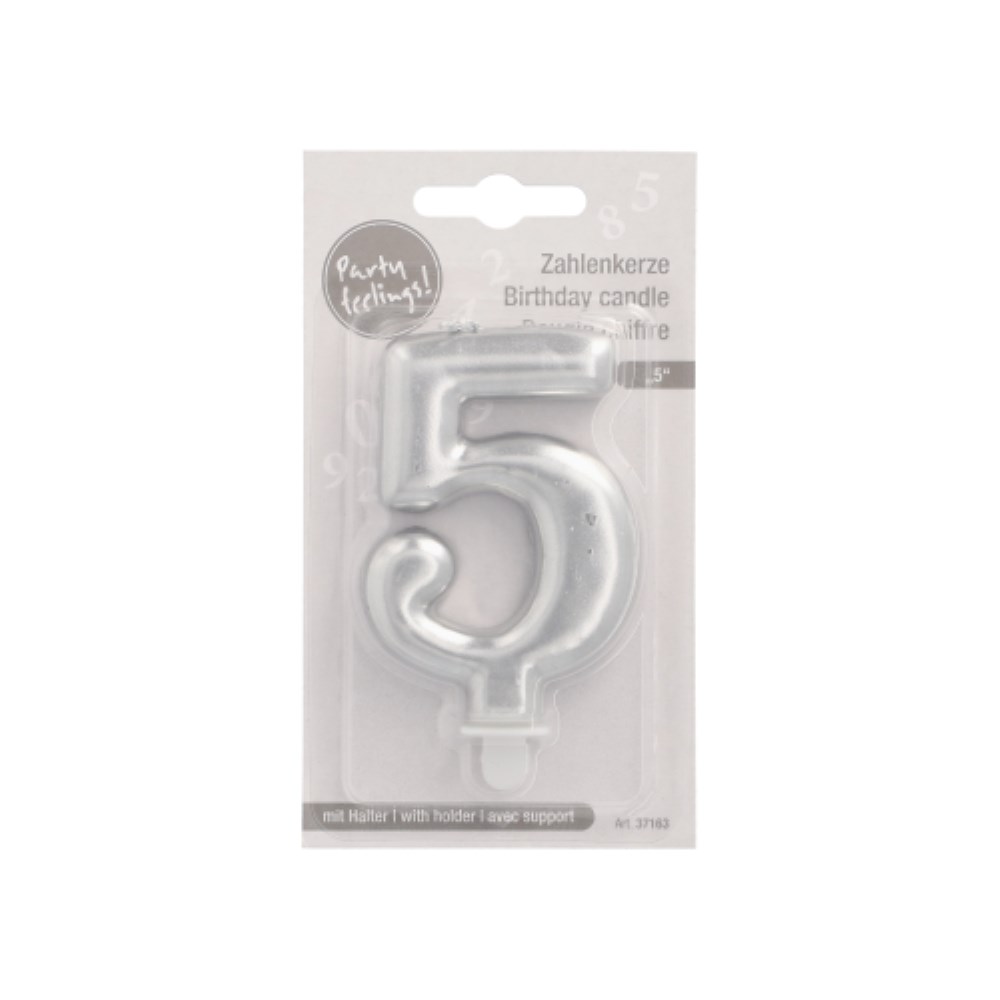 Zahlenkerze mit Halter 7 cm silber "5"