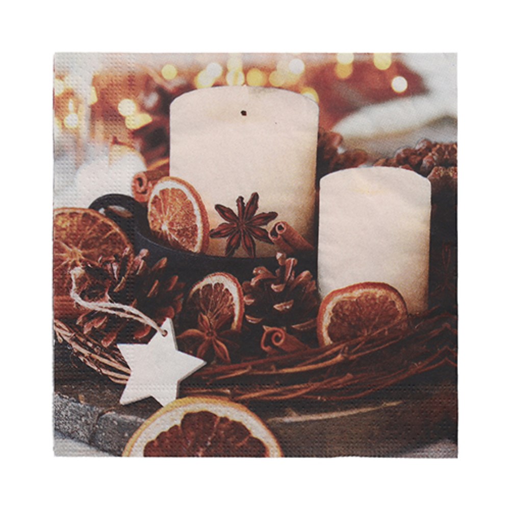 20 Servietten, 3-lagig 1/4-Falz 33 cm x 33 cm "Candles and Pine Cones"