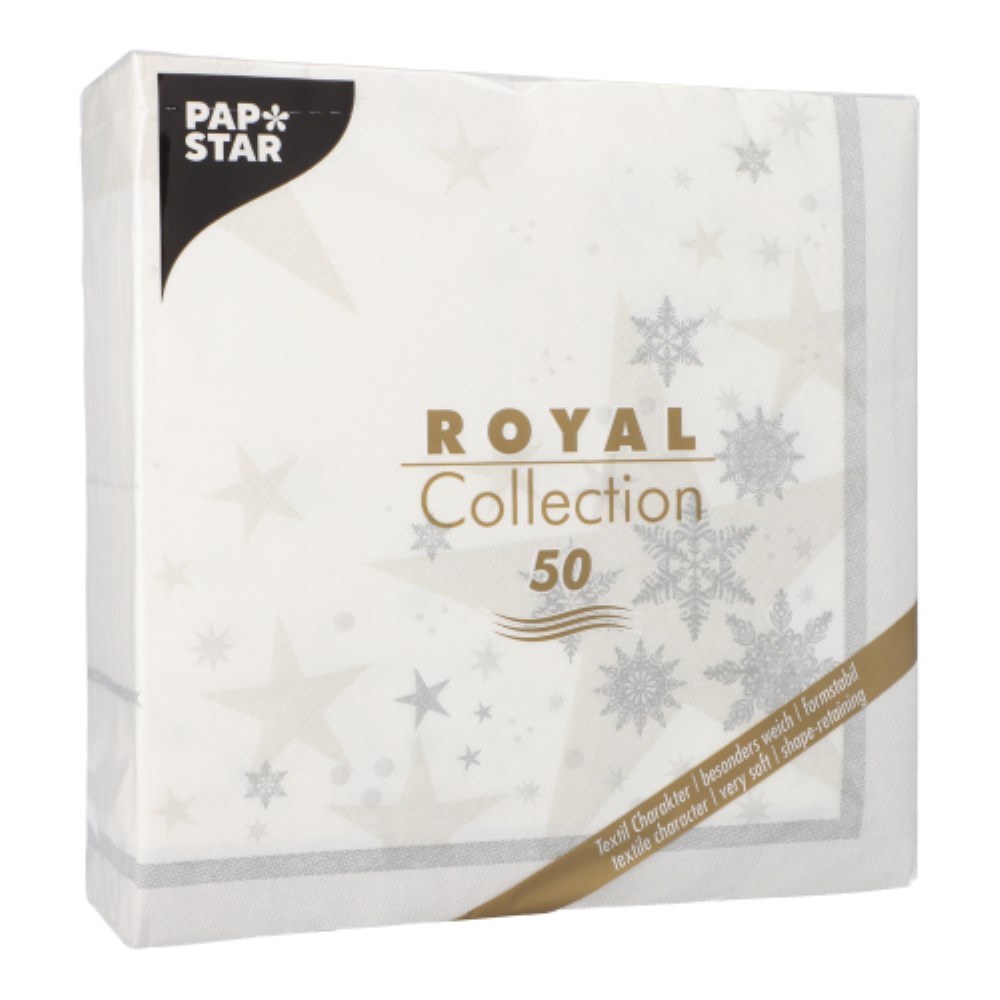 50 Servietten "ROYAL Collection" 1/4-Falz 40 cm x 40 cm weiss "Stars and Snowflakes"