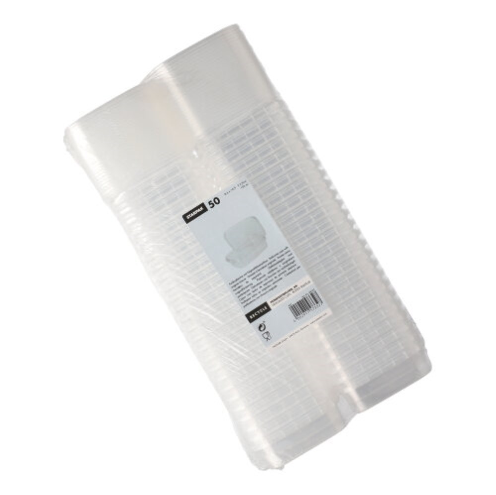 50 Feinkostbecher, PP eckig 150 ml 2,9 cm x 8,6 cm x 10,9 cm transparent mit Originalitätsverschluss