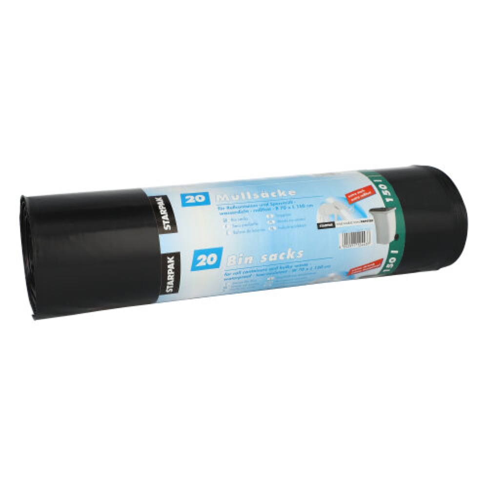20 Müllsäcke, LDPE 150 l 150 cm x 70 cm schwarz extra stark und extra reißfest, 60 my