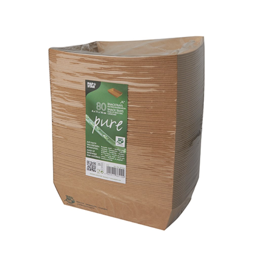 80 Snacktrays, Pappe "pure" 4 cm x 11 cm x 16 cm braun "100% Fair" extra groß