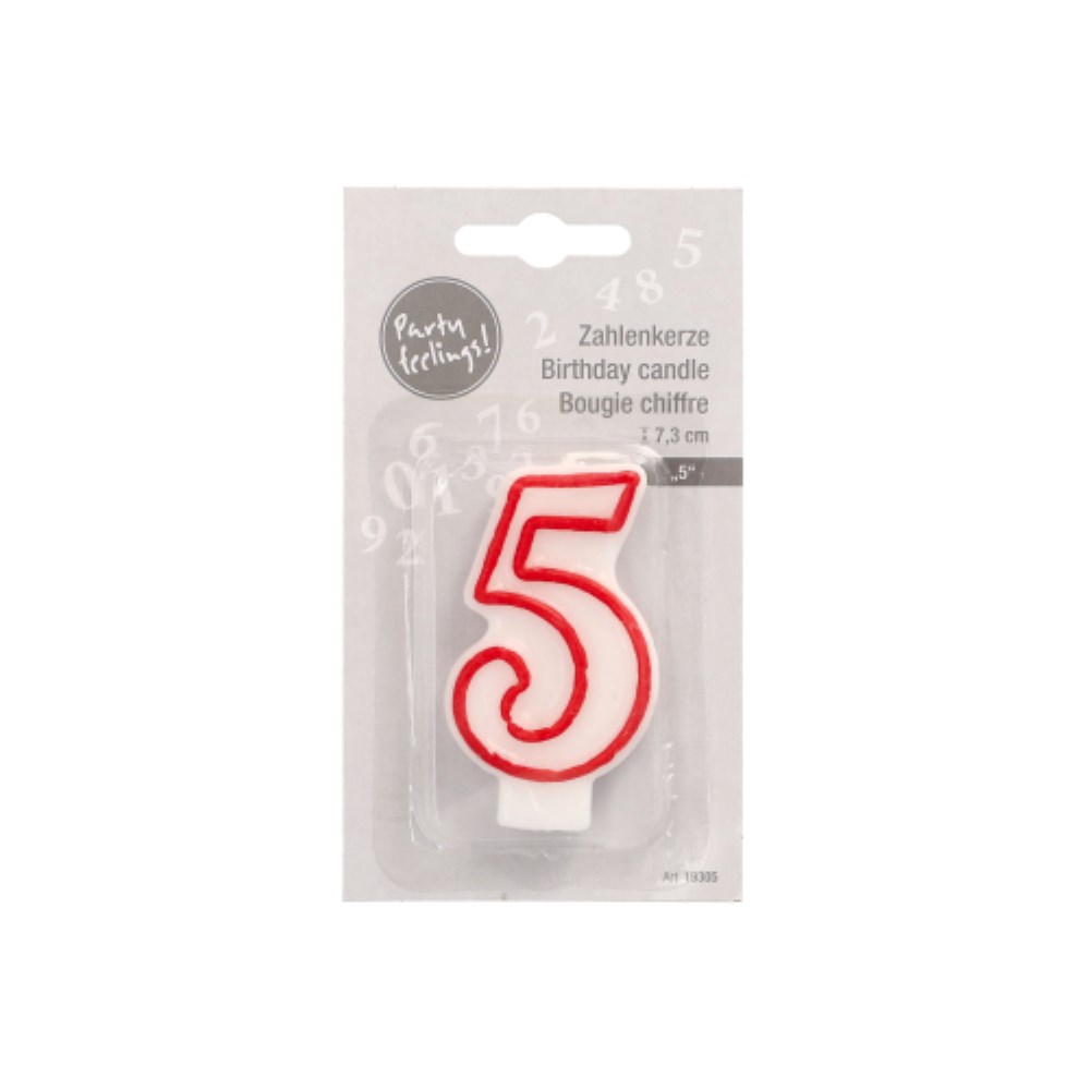 Zahlenkerze 7,3 cm weiss "5" mit rotem Rand