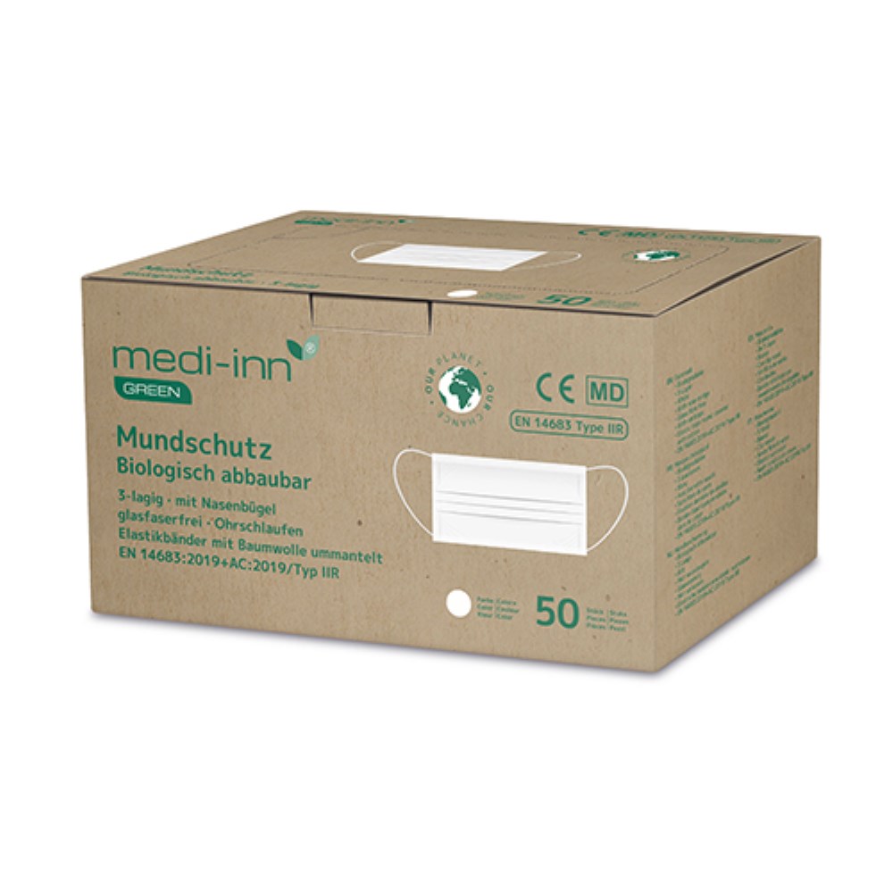 50 "Medi-Inn GREEN" Mundschutz Type IIR 3-lagig 9,5 cm x 17,5 cm weiss 3-lagig, biologisch abbaubar