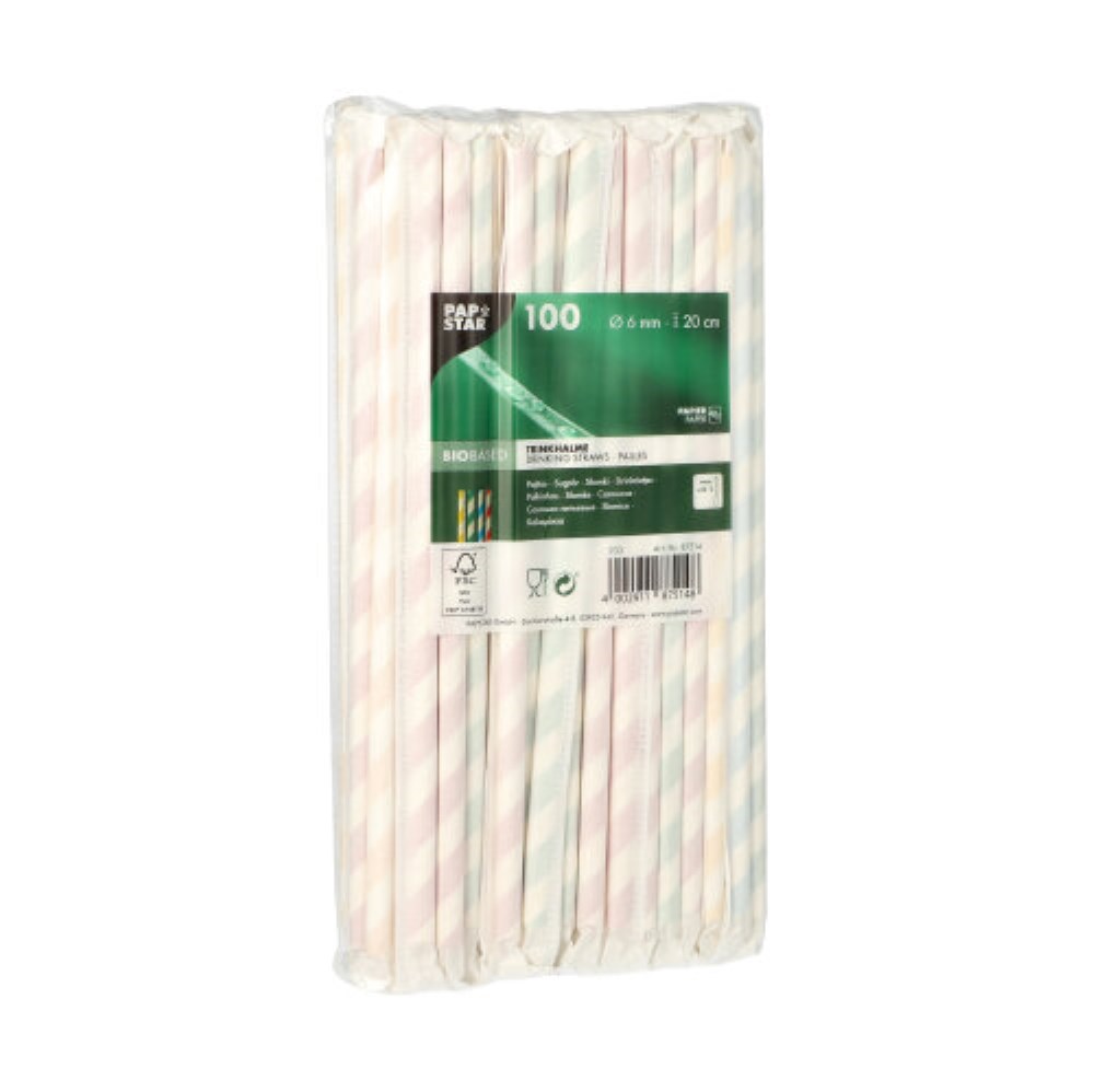 100 Trinkhalme, Papier Ø 6 mm · 20 cm farbig sortiert "Stripes" einzeln gehüllt