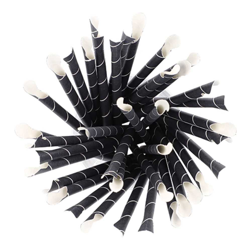 100 Trinkhalme mit Löffel, Papier Ø 8 mm · 20 cm schwarz/weiss "Stripes"