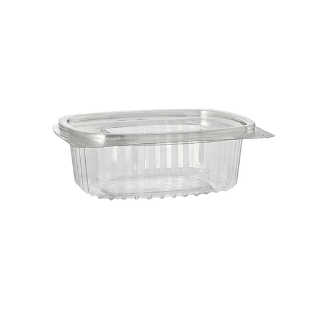 50 Feinkost- und Salatschalen mit Klappdeckel, R-PET oval 250 ml 4,3 cm x 10,6 cm x 13,3 cm klar