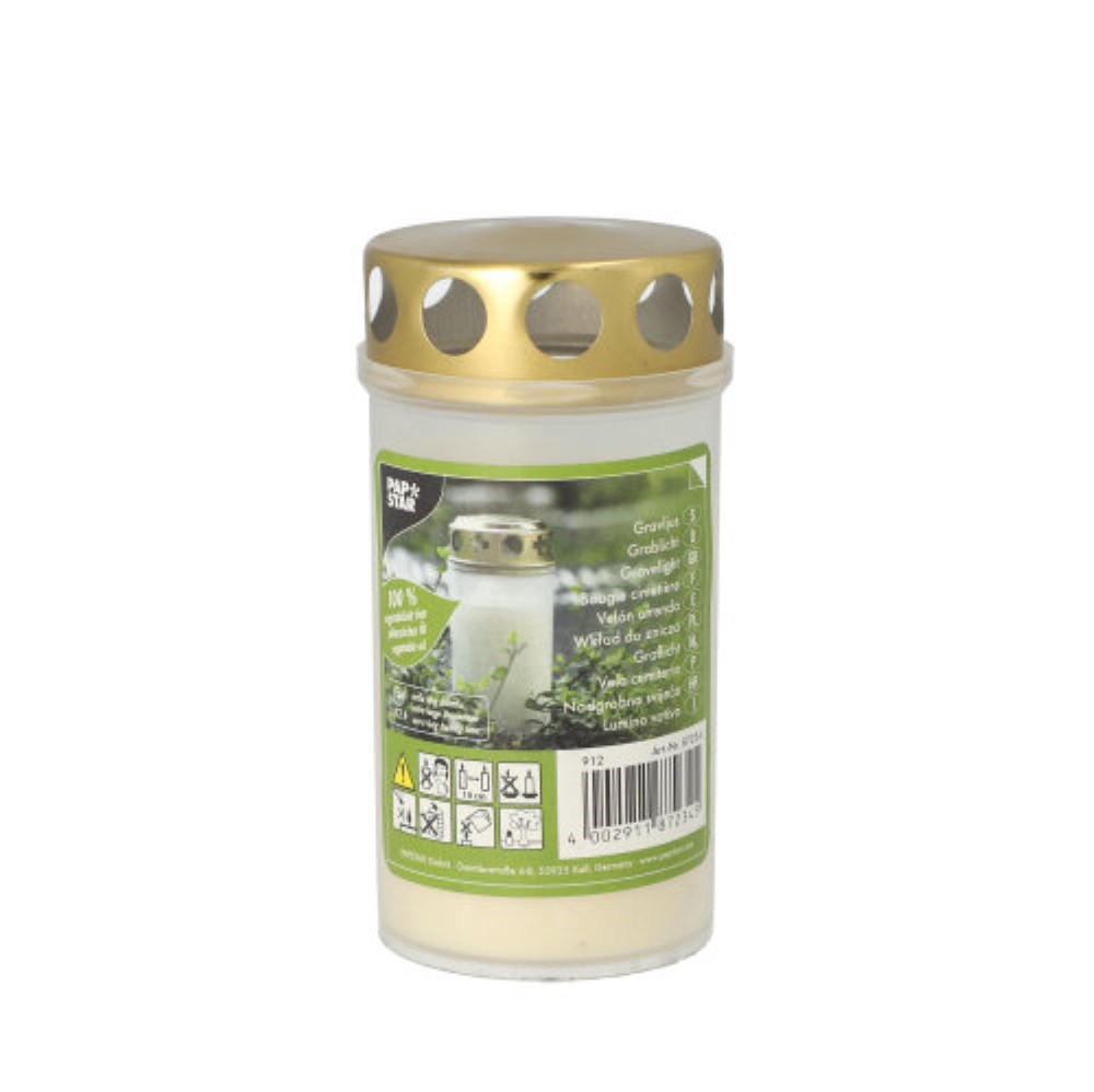 Öl-Licht T3, 100 % Pflanzenfett Ø 6,5 cm · 12,5 cm weiss transparente Hülle, mit Golddeckel