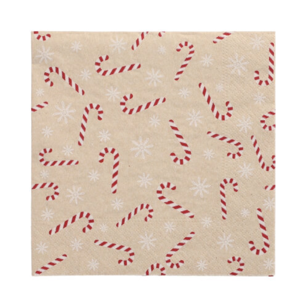 20 Servietten, 3-lagig 1/4-Falz 33 cm x 33 cm natur "Candy Canes" aus recyceltem Papier