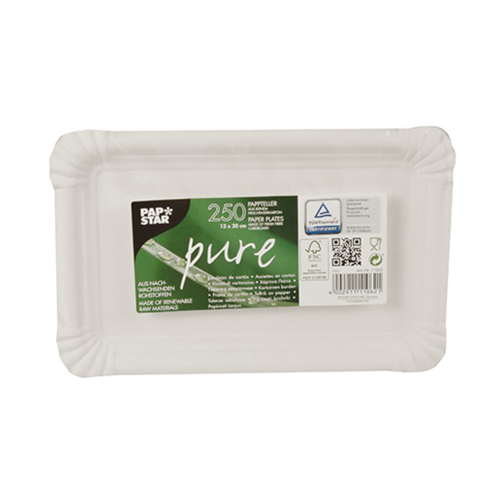 250 Teller, Pappe "pure" eckig 13 cm x 20 cm weiss