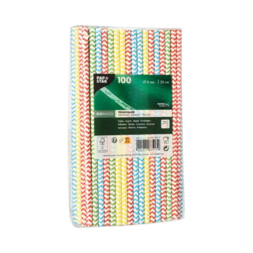 100 Trinkhalme, Papier Ø 6 mm · 20 cm farbig sortiert "Zig-Zag"