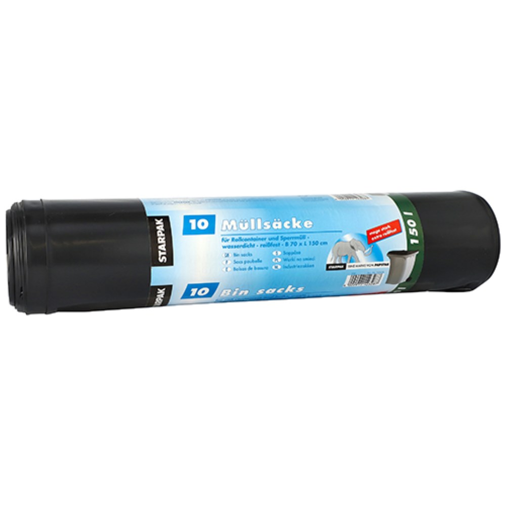 10 Müllsäcke, LDPE 150 l 150 cm x 70 cm schwarz extra stark und extra reißfest, 90 my