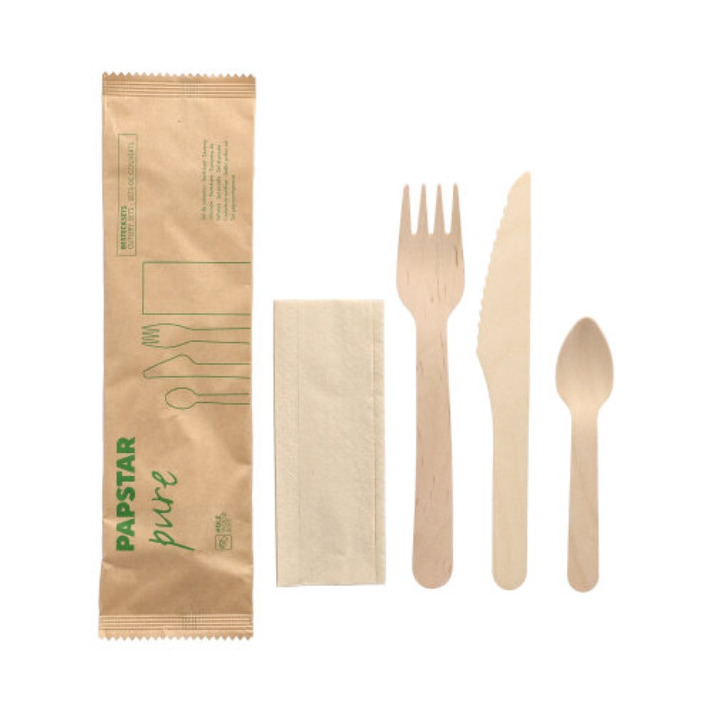 50 Bestecksets Holz "pure" : Messer, Gabel, Kaffeelöffel, Serviette in Papierbeutel