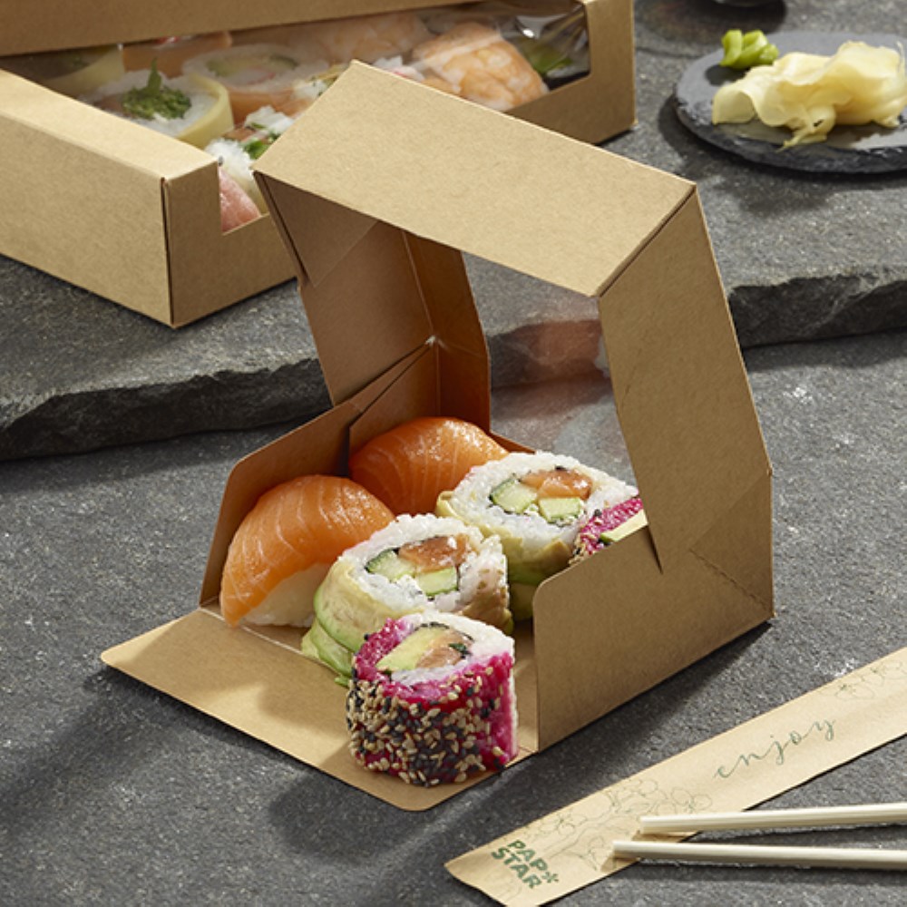 25 Sushi-Schalen, Pappe eckig 4,5 cm x 12 cm x 10 cm braun