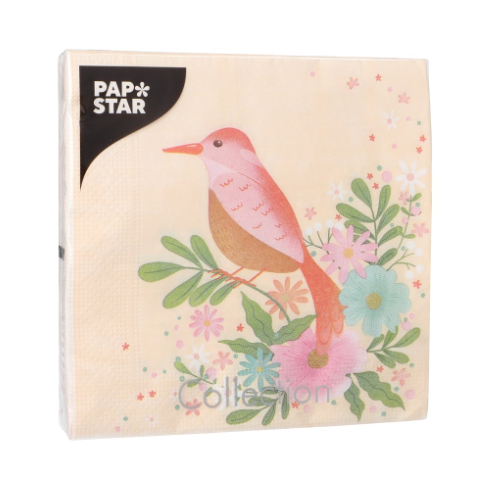 20 Servietten, 3-lagig 1/4-Falz 33 cm x 33 cm "Flowery Bird"