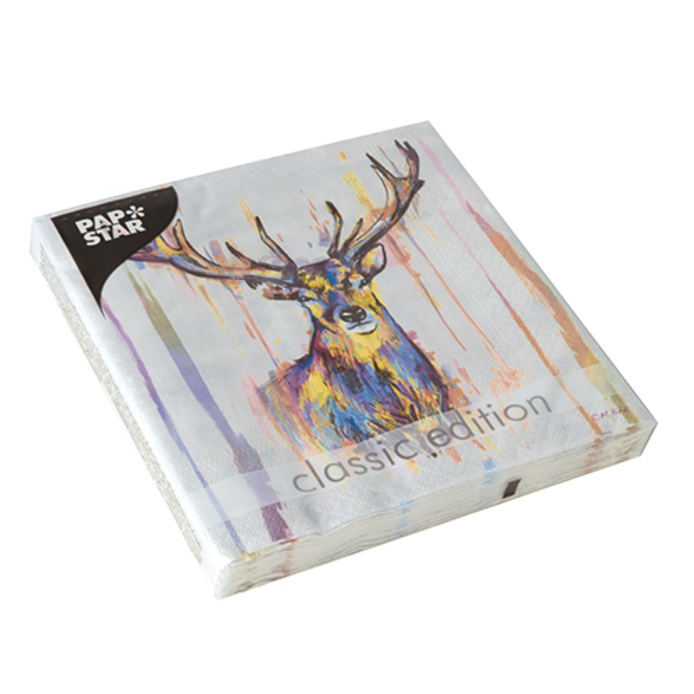 20 Servietten, 3-lagig 1/4-Falz 33 cm x 33 cm "Colourful Deer"