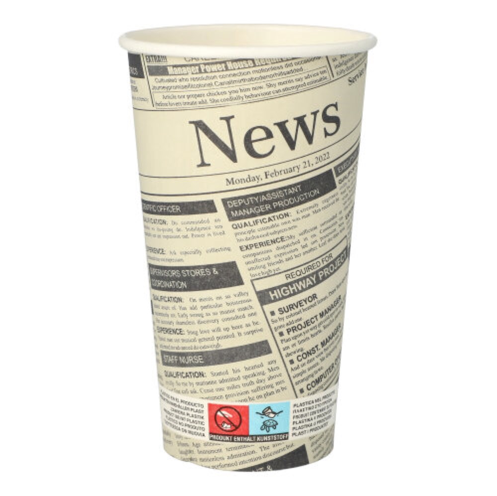 50 Trinkbecher, Pappe "To Go" 0,5 l Ø 9 cm · 15 cm weiss "Newsprint"