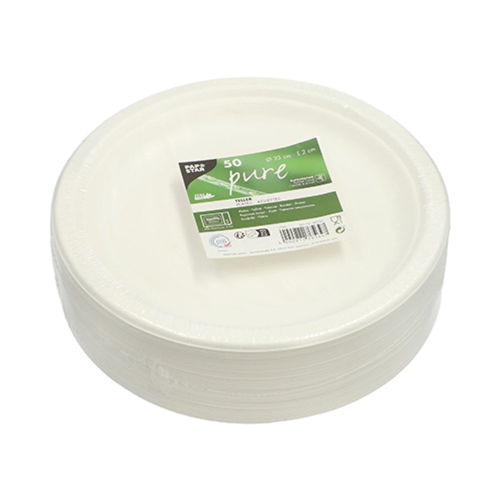 50 Teller, Zuckerrohr "pure" ungeteilt Ø 23 cm · 2 cm weiss
