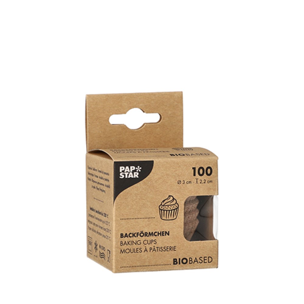 100 Backförmchen rund Ø 3 cm · 2,2 cm natur aus Frischfaser und Kakaoschalen