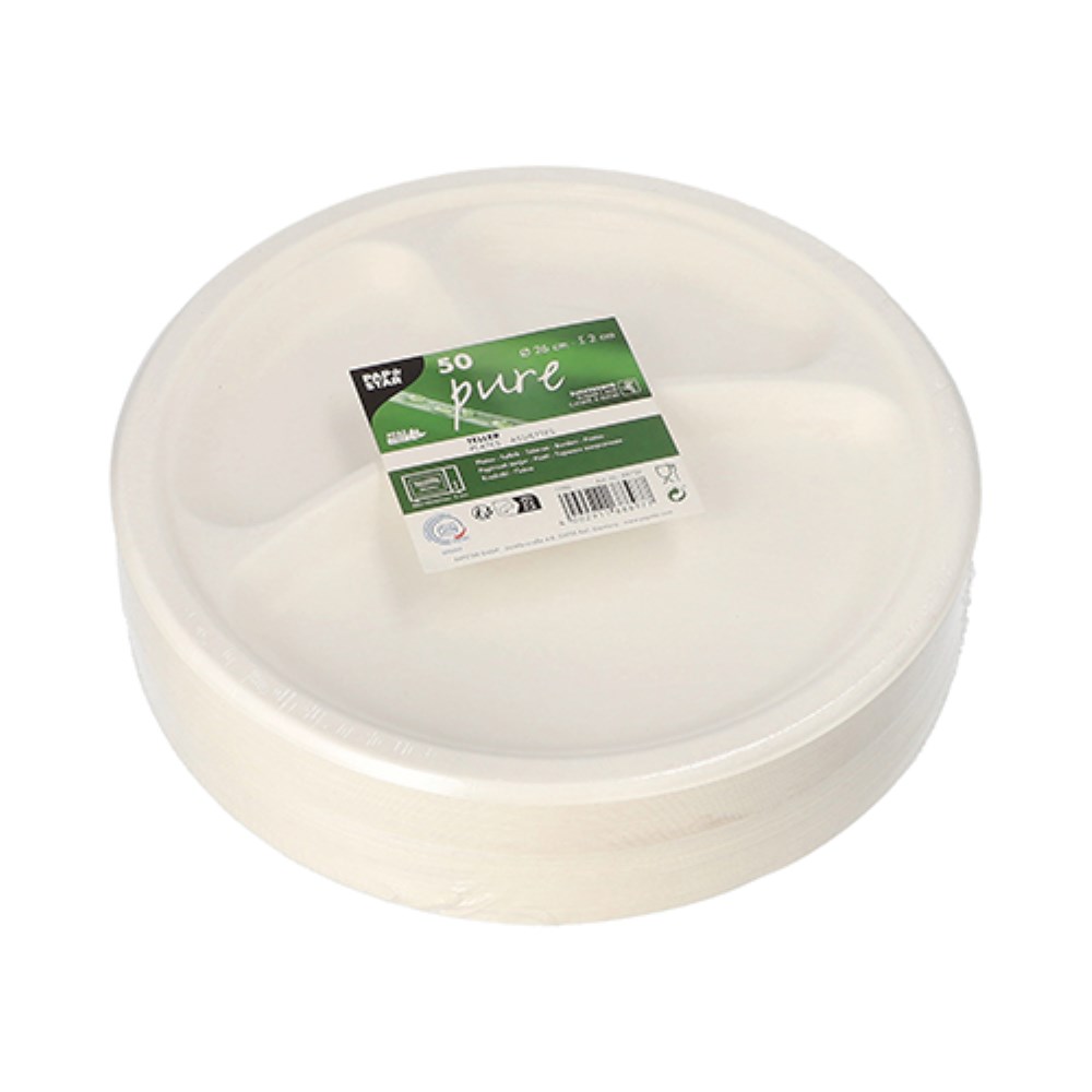 50 Teller, Zuckerrohr "pure" 3-geteilt Ø 26 cm · 2 cm weiss 50 Teller, Zuckerrohr "pure" 3-geteilt Ø 26 cm · 2 cm weiss