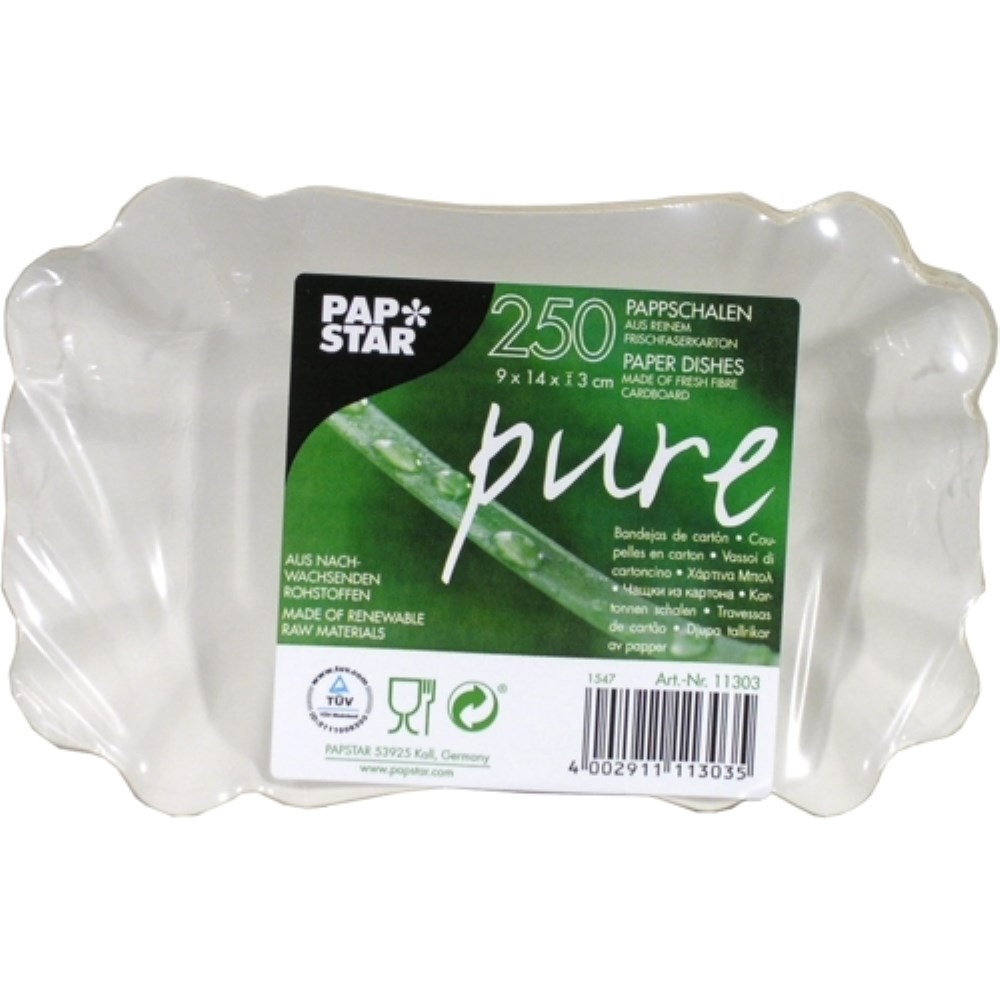 250 Schalen, Pappe "pure" eckig 9 cm x 14 cm x 3 cm weiss