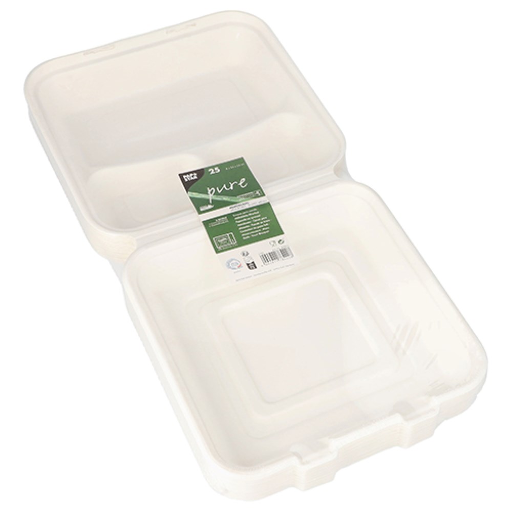 25 Menüboxen, Zuckerrohr "pure" 3-geteilt 8 cm x 24 cm x 24 cm weiss
