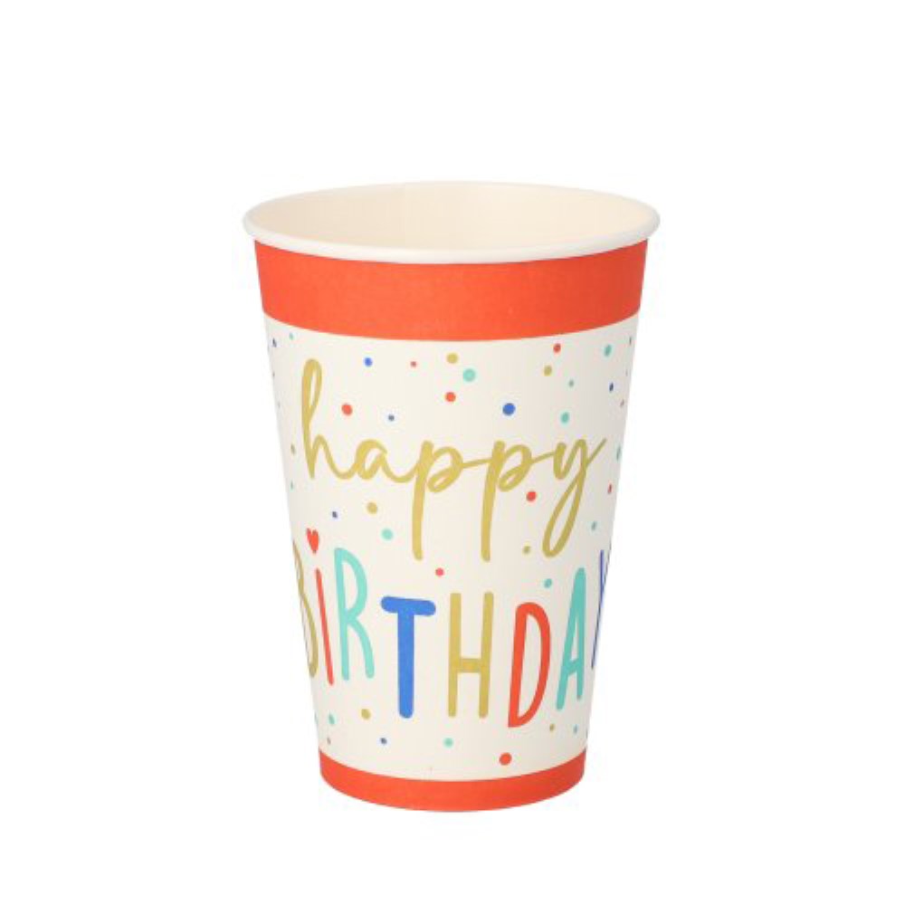 10 Trinkbecher, Pappe 0,2 l Ø 7 cm · 9,7 cm weiss "Happy Birthday"