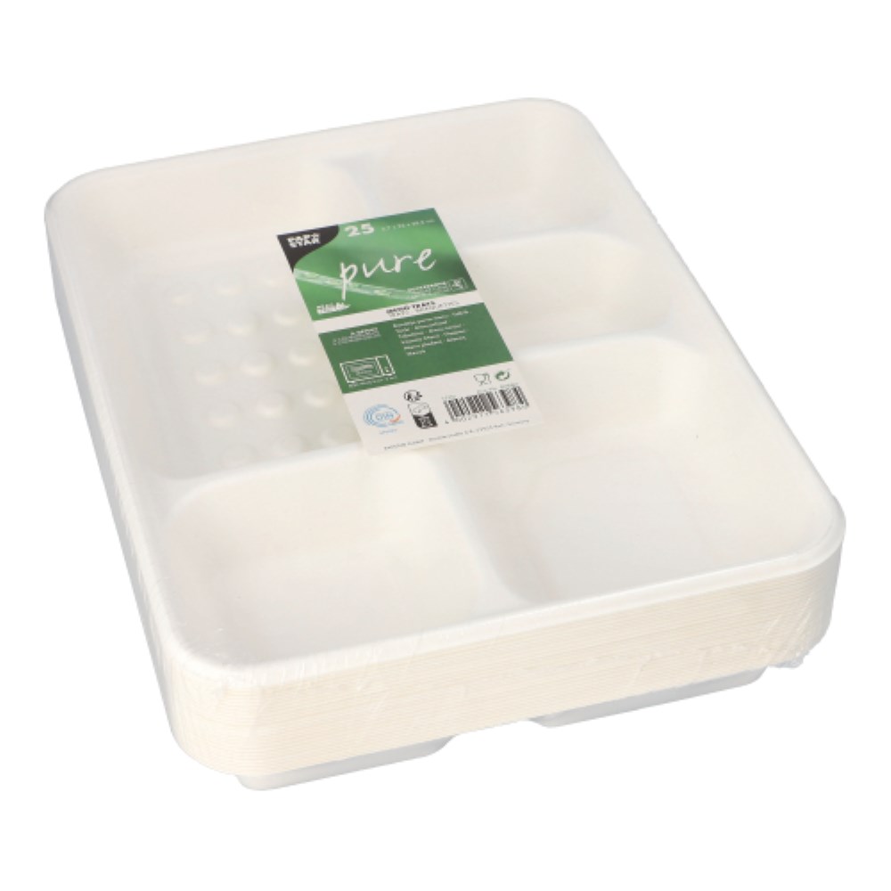25 Menü-Trays, Zuckerrohr "pure" 5-geteilt 3,7 cm x 22 cm x 28,2 cm weiss