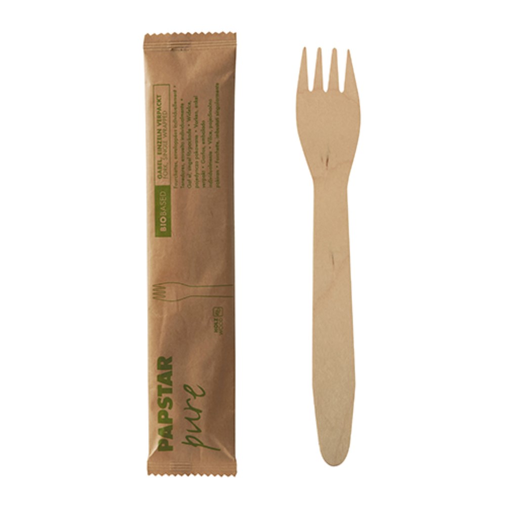 50 Gabeln, Holz "pure" 16 cm einzeln verpackt in Papierbeutel