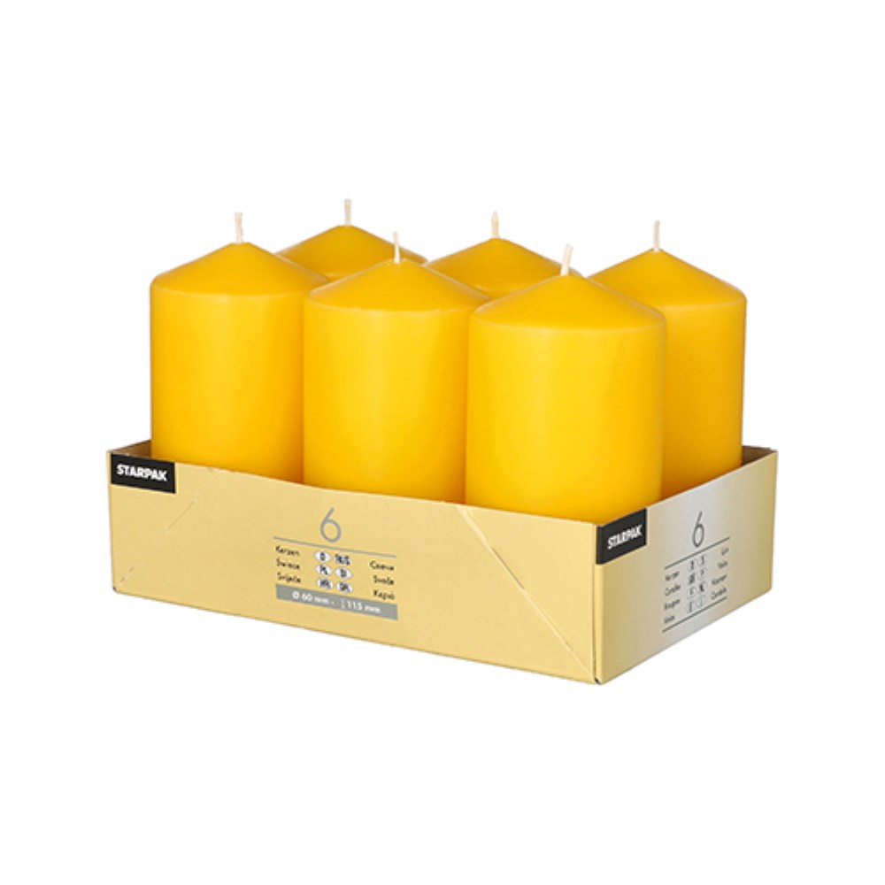 6 Stumpenkerzen Ø 60 mm · 115 mm goldgelb 6 Stumpenkerzen Ø 60 mm · 115 mm goldgelb