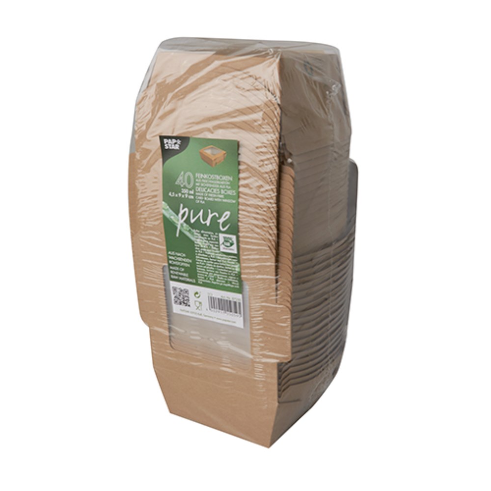 40 Feinkostboxen Pappe "pure" eckig 350 ml 4,5 cm x 9 cm x 9 cm braun "100% Fair"