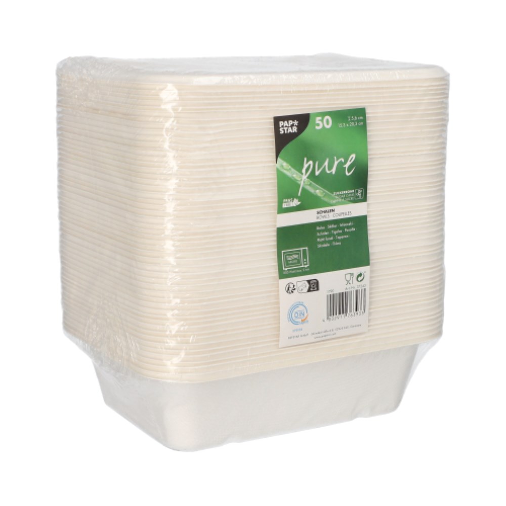 50 Schalen, Zuckerrohr "pure" ungeteilt 5,6 cm x 15,3 cm x 20,3 cm weiss