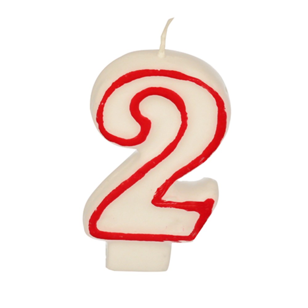 Zahlenkerze 7,3 cm weiss "2" mit rotem Rand