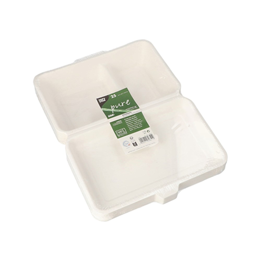 25 Menüboxen, Zuckerrohr "pure" 2-geteilt 6,5 cm x 24 cm x 15,5 cm weiss