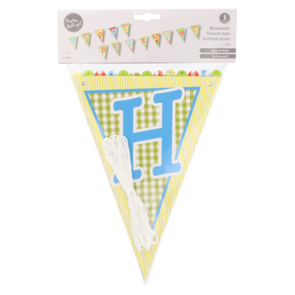 Wimpelkette, Papier 4 m "Happy Birthday" lackiert
