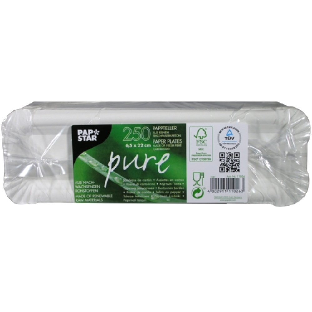 250 Teller, Pappe "pure" eckig 6,5 cm x 22 cm weiss
