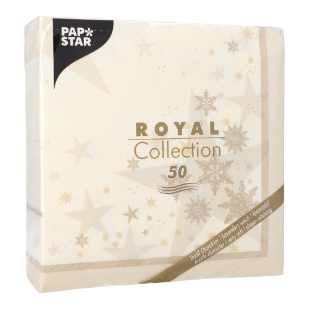 50 Servietten "ROYAL Collection" 1/4-Falz 40 cm x 40 cm champagner "Stars and Snowflakes"