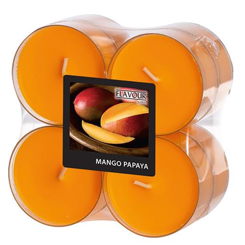 8 "Flavour by GALA" Maxi Duftlichte Ø 59 mm · 24 mm pfirsich - Mango-Papaya in Polycarbonathülle