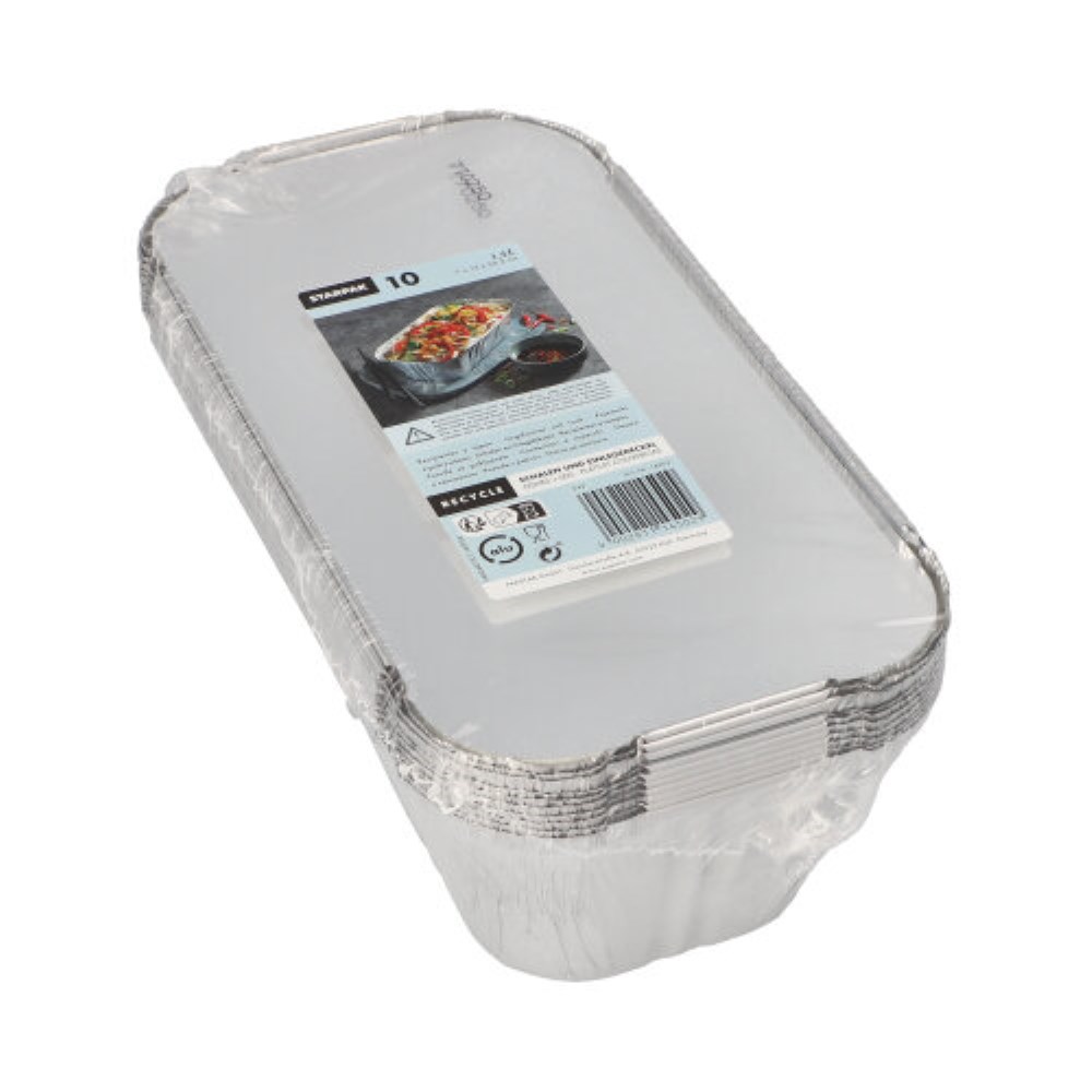 10 Schalen, Alu + Einlegedeckel, PP-beschichtet eckig 1,5 l 7 cm x 13 cm x 24,2 cm