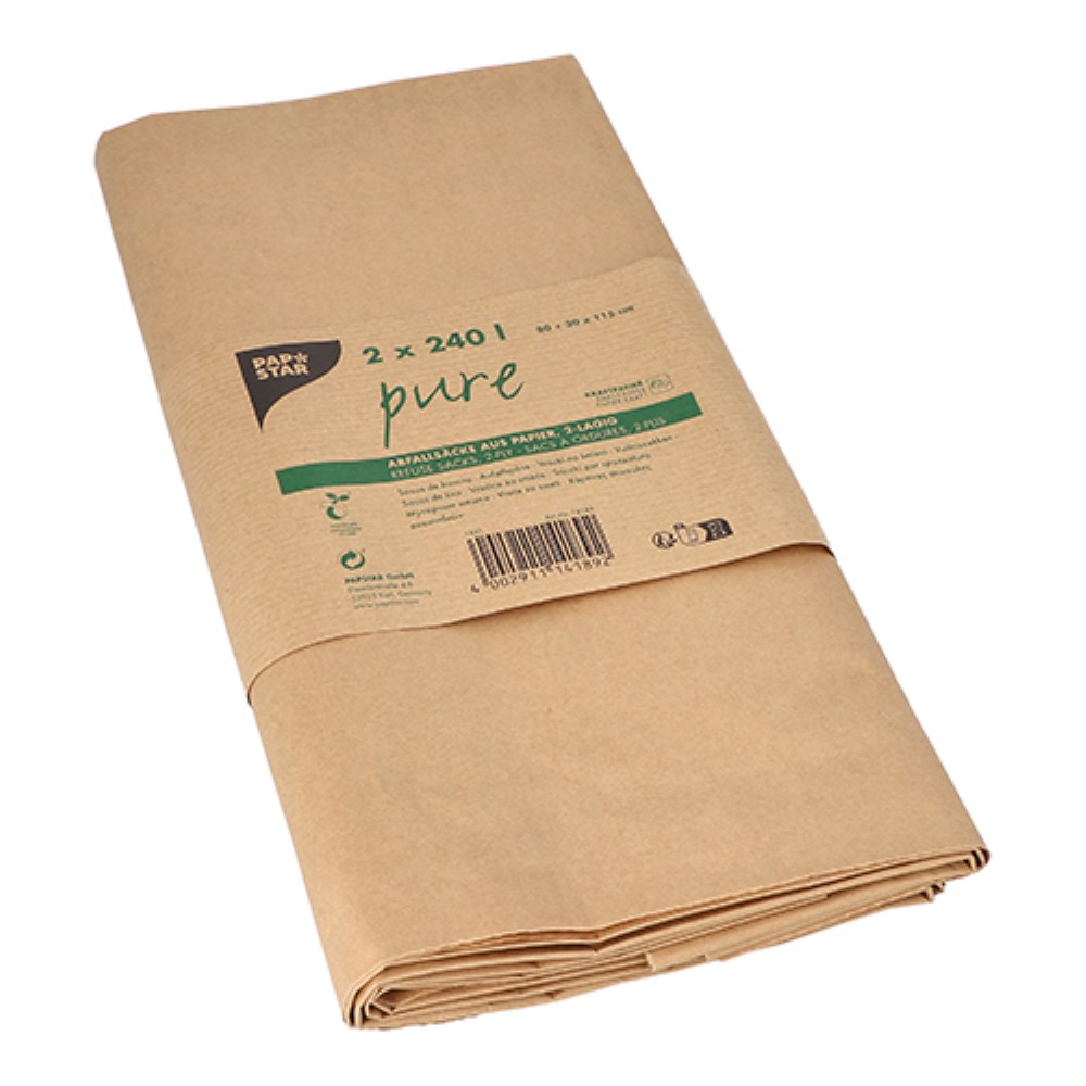 2 Abfallsäcke aus Papier "pure" 240 l 120 cm x 52 cm x 34 cm braun , 2-lagig