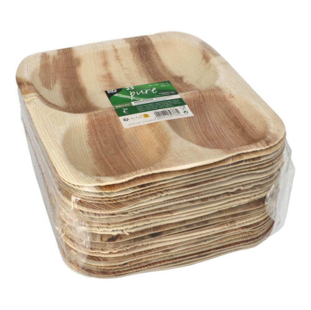 25 Siegelschalen Palmblatt "pure" eckig 500 ml 4 cm x 26 cm x 26 cm 3-geteilt