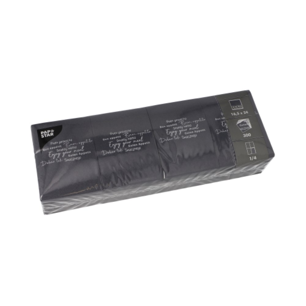 300 Snackservietten "DAILY Collection" 1/4-Falz 24 cm x 16,5 cm schwarz "Enjoy your Meal"