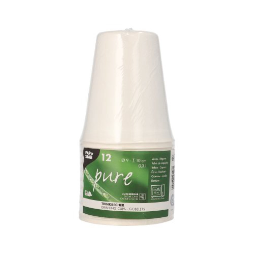12 Trinkbecher Zuckerrohr "pure" 0,3 l Ø 9 cm · 10 cm weiss für Heißgetränke