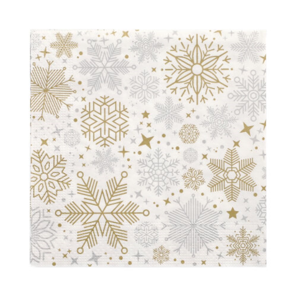 20 Servietten, 3-lagig 1/4-Falz 33 cm x 33 cm silber/gold "Flocons"