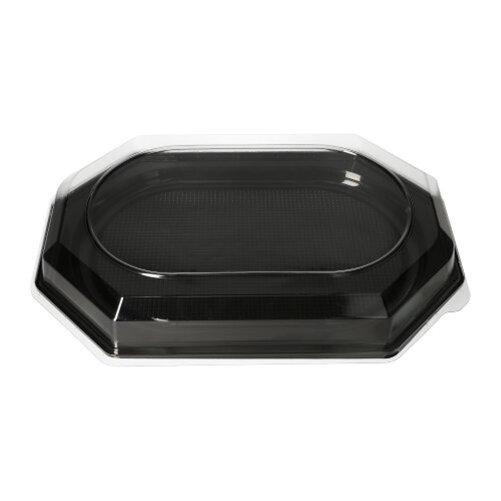 10 Servierplatten, PET 45 cm x 30 cm schwarz 10 Deckel für Servierplatten, PET 6,3 cm x 45 cm x 31,5 cm transparent