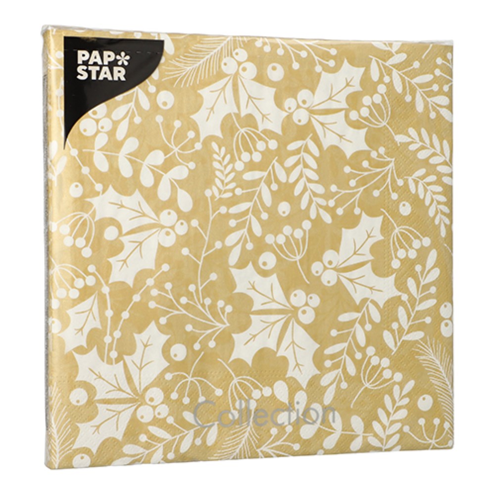 20 Servietten, 3-lagig 1/4-Falz 40 cm x 40 cm gold "Houx et Gui"